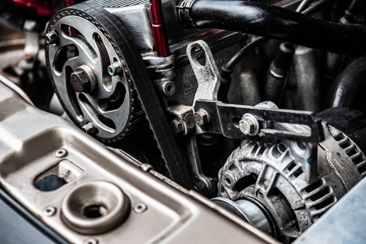 Otomobil motorunda kayış, kasnak ve alternatör parçalarının yakın görünümü